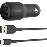 Belkin BoostCharge 2-poorts USB-A-autolader + USB-A/USB-C-kabel Zwart, 24 W