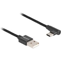 DeLOCK USB-A 2.0 male > USB-C male kabel Zwart, 1 meter, gesleeved, 90°